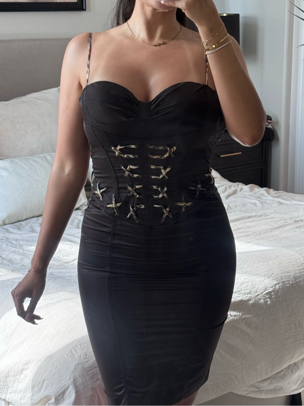Roberto Cavalli Black Satin Lace-Up Midi Dress